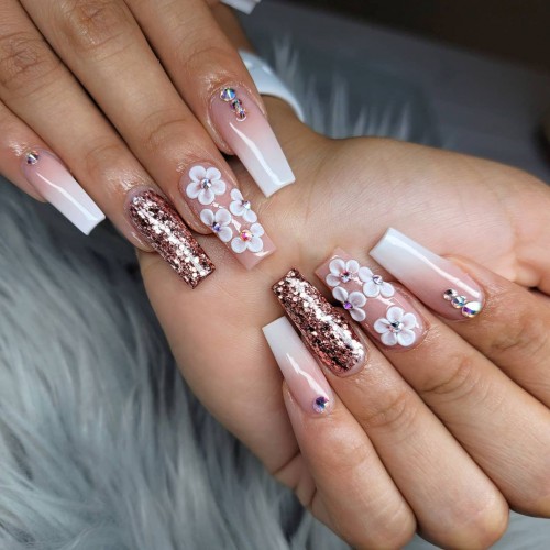 29+ The Best Neutral Nails : Mix and Match Neutral Nails with Glitter & 3D Flowers