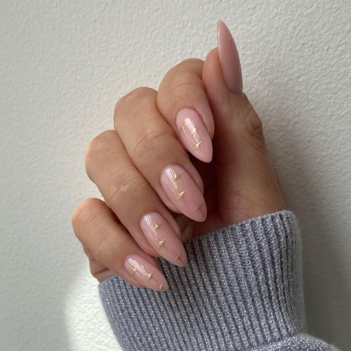 22+ Classy Way To Rock Nude Nails : Nude Nails with Gold Chrome Stars