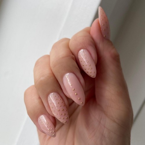 nude nails with gold dots, nude nails with gold detail, biab nails, neutral nails, almond nails, natural looking nails, neutral nail color ideas