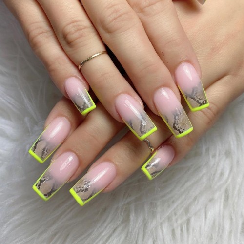 Snakeskin Print French Tips with Yellow Neon Outline