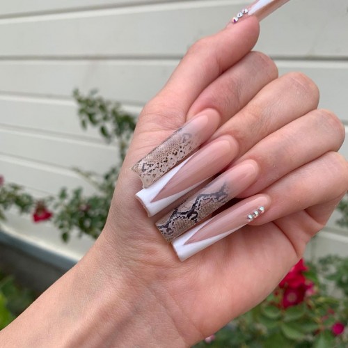 Snakeskin Print French Tip Coffin Nails 