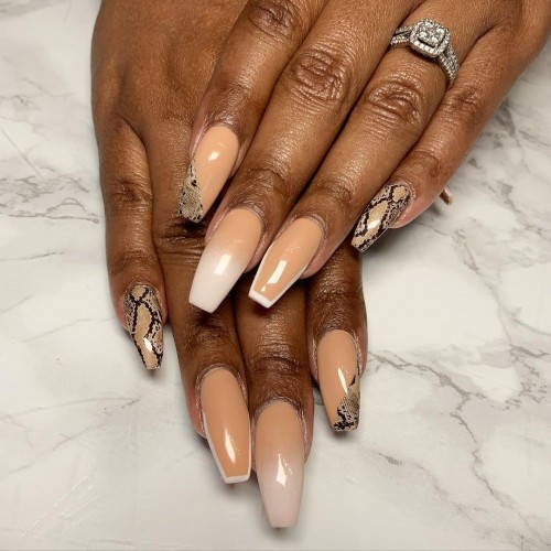 Beige Ombre, White Outline and Snakeskin Print Nails