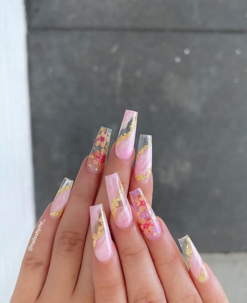 Encapsulated Flowers Nails & Pink Marble Nails