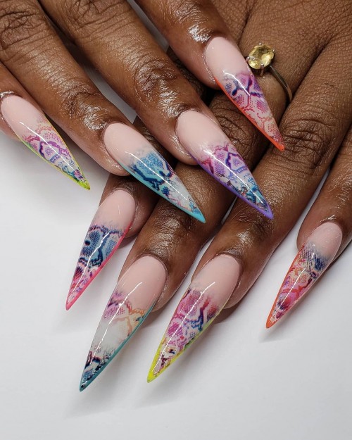 Colorful Snakeskin French Tip Stiletto Nail Art