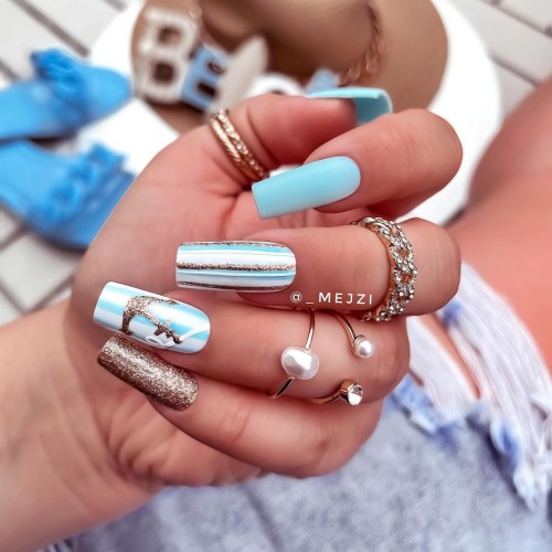 31+ Trendy Summer Nails to Make You Shine : Blue & Glitter Beach Themed Nails