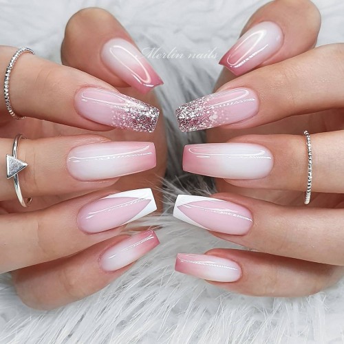 Pink Ombre & Glitter Wedding Nails