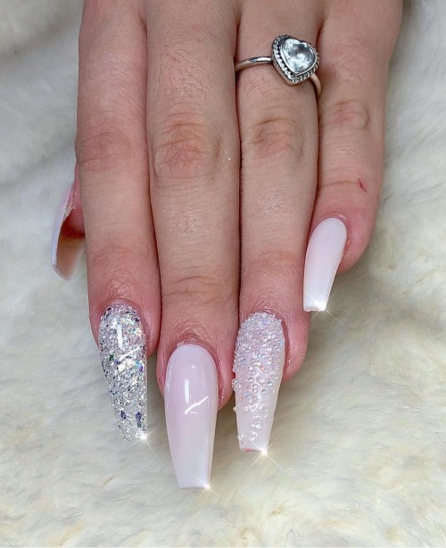 mismatched wedding nails, wedding nails 2021, wedding nails for bride 2021, wedding nails 2020 for bride, long coffin nails, white and silver nails, coffin nails , wedding nails french tip