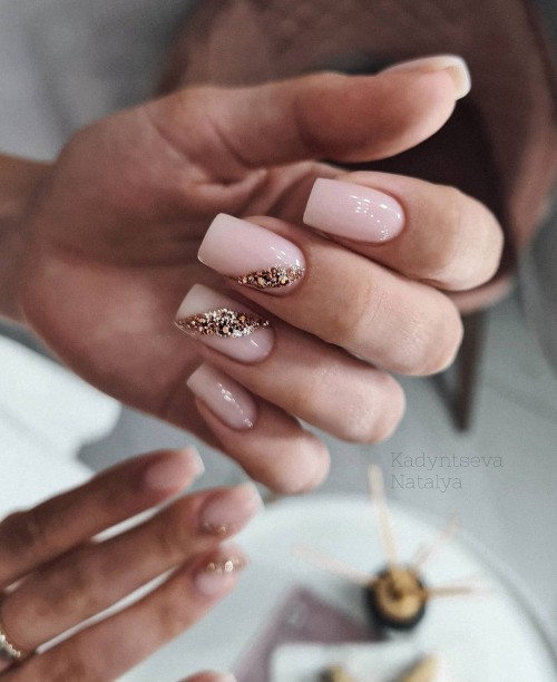 Light Pink Nails with Asymmetric Glitter