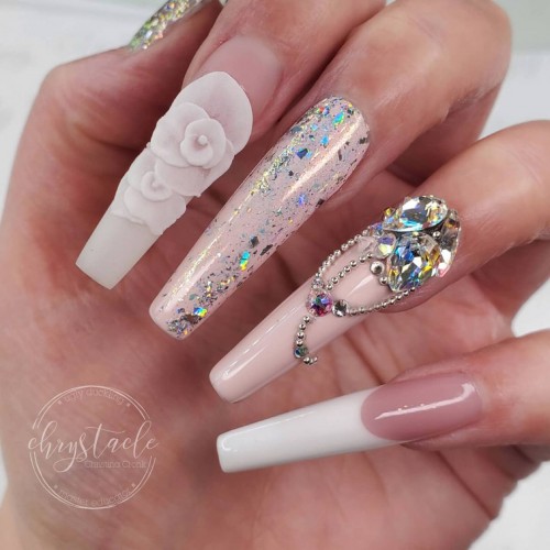 3D Floral and Gem Wedding Nails