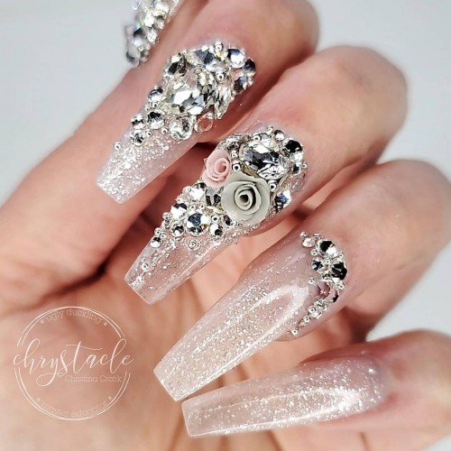 wedding nails crystal, coffin wedding nails, wedding nails 2021, wedding nails for bride 2021, wedding nails 2020 for bride, wedding nails ombre, wedding nails with glitter, wedding nails designs, shimmery wedding nails, wedding nails 3dflower