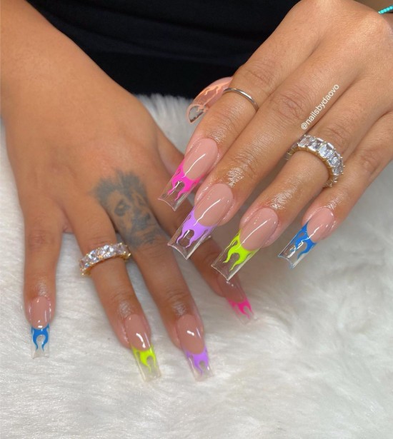 30 Fun Nail Designs for Summer 2021 : Colorful Flame French Tip Nails