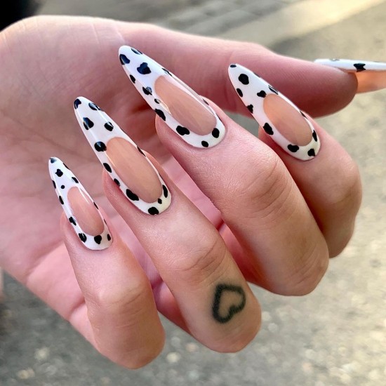 30 Fun Nail Designs for Summer 2021 : Cow Print Negative Space Stiletto Nails