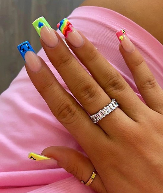 30 Fun Nail Designs for Summer 2021 : Rainbow, Heart, Smiley Face French Tip Nails