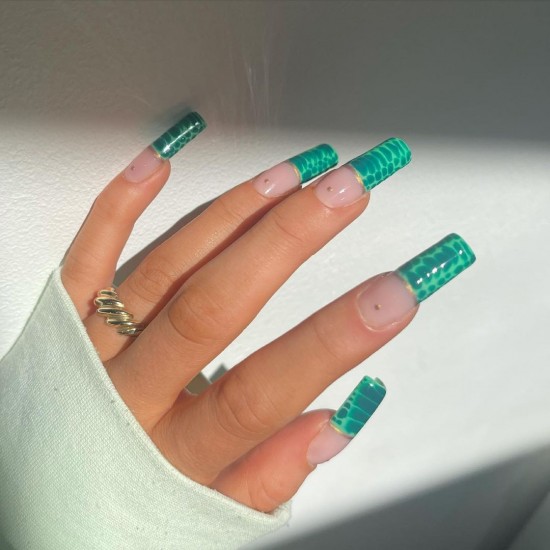 30 Fun Nail Designs for Summer 2021 : Green Croc Skin French Tip Nails