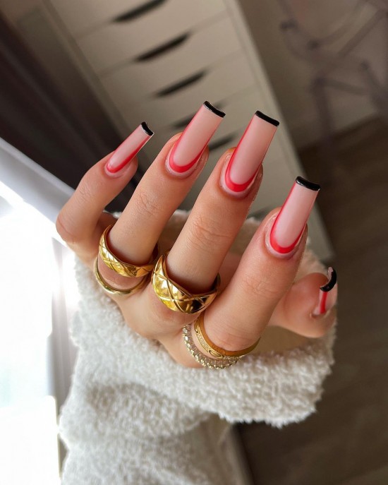 30 Fun Nail Designs for Summer 2021 : Pink Cuff Black Tip Nails