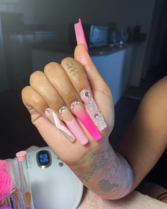 mix and match hot pink nails, hot pink acrylic nails, hot pink nail designs 2021, hot pink nails with design