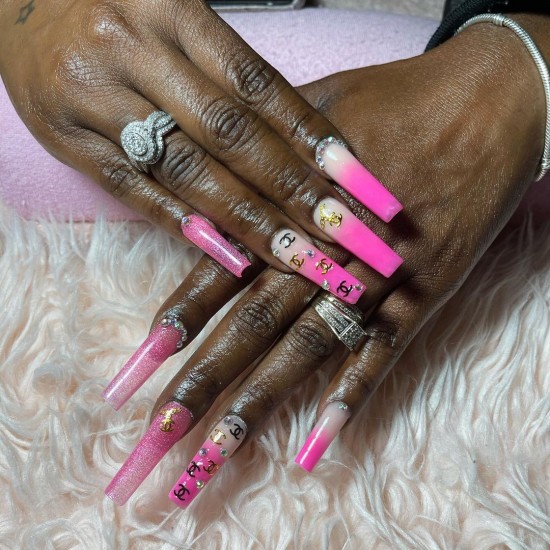 gucci hot pink nails, hot pink ombre nails, hot pink ombre french tip nails, hot pink acrylic nails