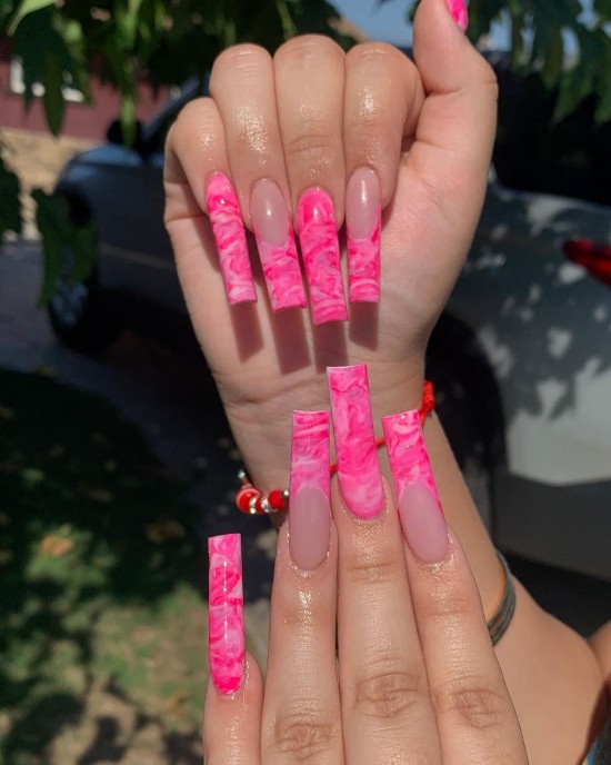 hot pink marble french tip nails, hot pink french tip nails, marble hot pink tip nails, hot pink acrylic nails, hot pink nails 2021