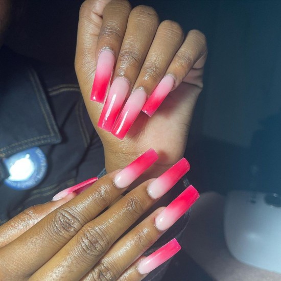 hot pink ombre nails, hot pink ombre french tip nails, hot pink acrylic nails