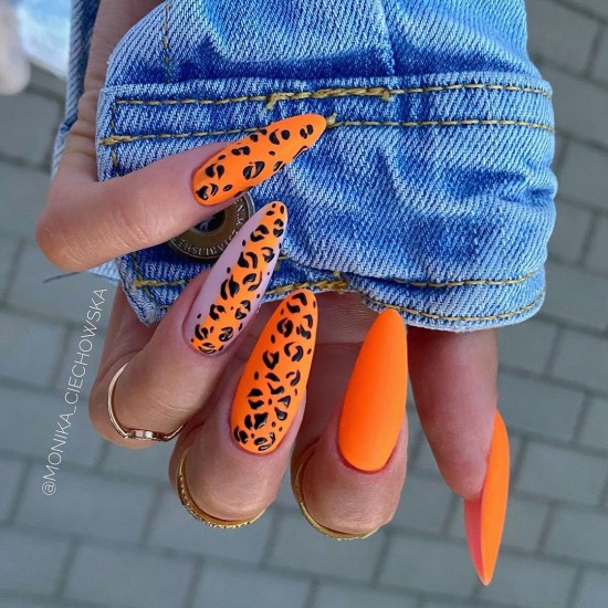 30 Fun Nail Designs for Summer 2021 : Orange Leopard Print Nails