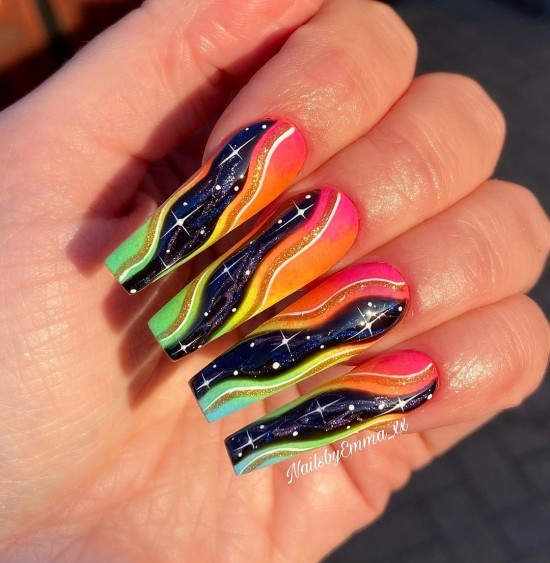 black and rainbow nails, coffin nails, acrylic nails, milky way nails, summer nails designs