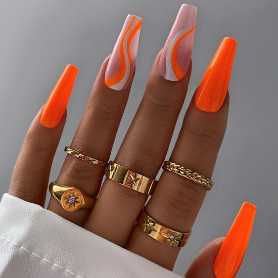 30 Fun Nail Designs for Summer 2021 : Orange and White Swirl Coffin Nails