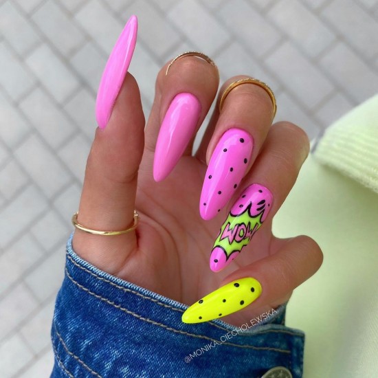 30 Fun Nail Designs for Summer 2021 : Pink and Yellow Almond Shape Nails