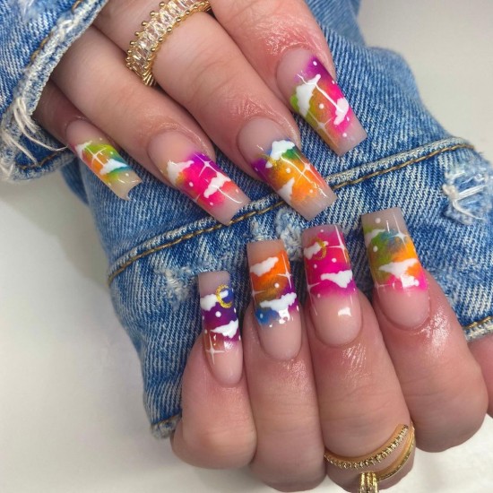 colorful cloud nails, summer nails, coffin nails