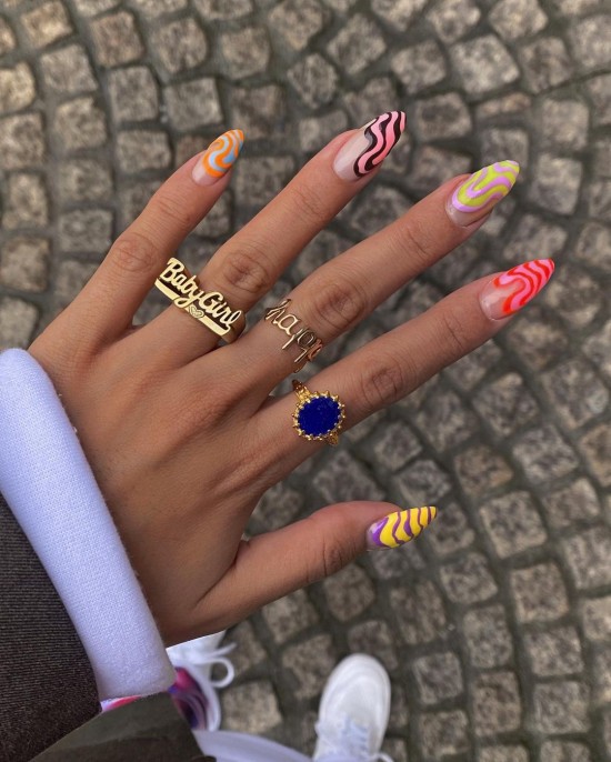 30 Fun Nail Designs for Summer 2021 : Different Swirl Design Nails