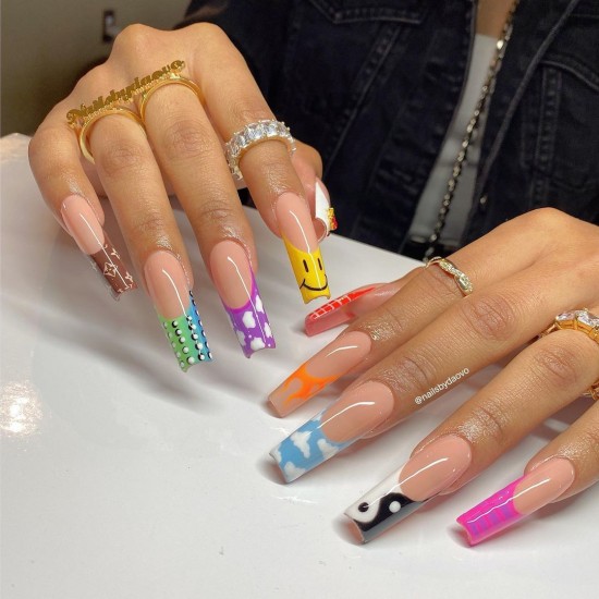 30 Fun Nail Designs for Summer 2021 : Mix Design French Tip Nails