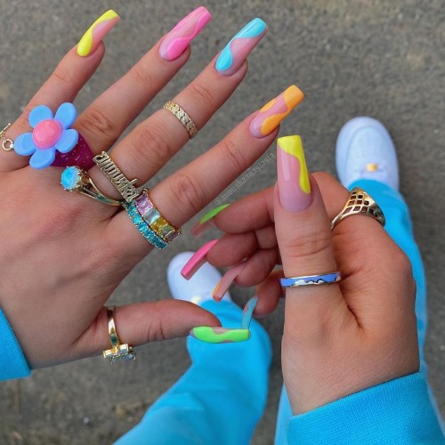 multi-colored nails, summer nail art ideas, different color nails each nails, negative space nail art designs, rainbow nails pastel, negative space nails,  colorful summer nails, bright summer nails