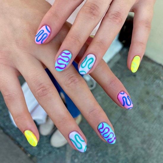 30 Fun Nail Designs for Summer 2021 : Colorful Swirl Short Nails