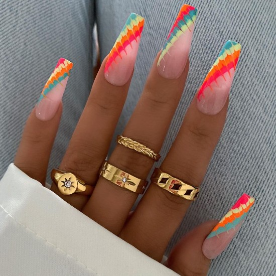 tie dye side french tip nails, summer nail colors 2021, summer nails ideas, summer nails 2021, summer nail art, summer nail designs 2021, summer nails acrylic, summer nails colors, summer nail ideas 2021, bright summer nails 2021