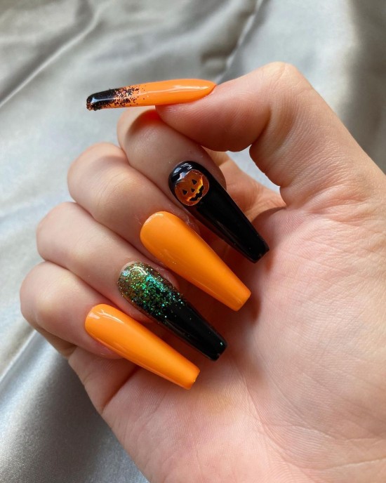 22 Cute Halloween Nail Art Ideas 2021 : Black and Orange Coffin Halloween Nails