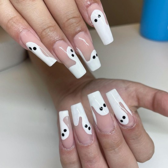 22 Cute Halloween Nail Art Ideas 2021 : White Ghost Coffin Halloween Nails