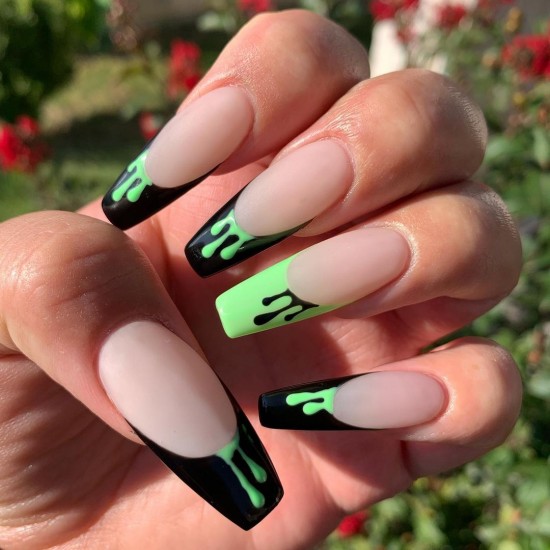 22 Cute Halloween Nail Art Ideas 2021 : Green Drip French Tip Halloween Nails