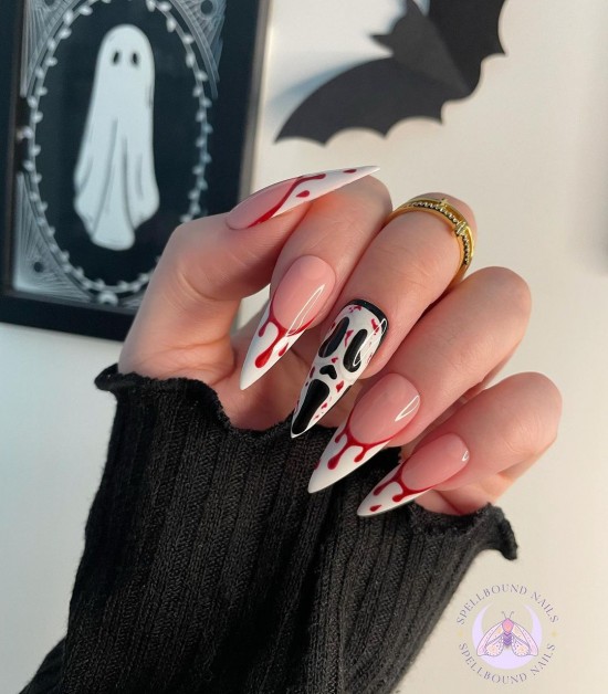 22 Cute Halloween Nail Art Ideas 2021 : Ghost Face & Blood Drip French Tips 