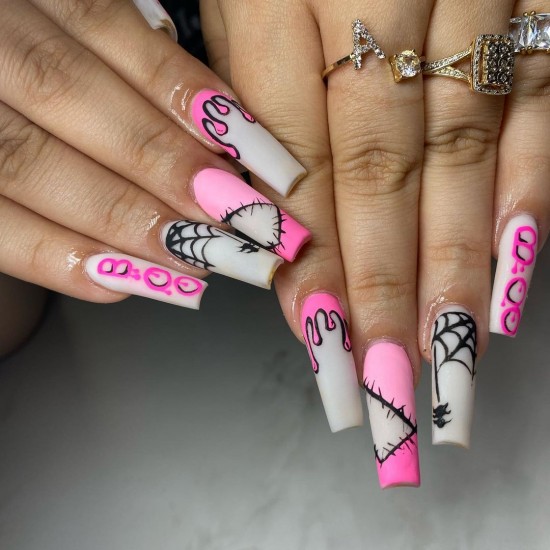 22 Cute Halloween Nail Art Ideas 2021 : Pink Halloween Nails