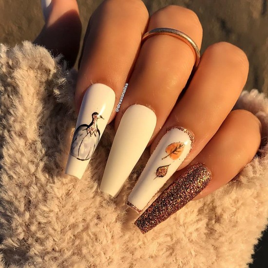 22 Cute Halloween Nail Art Ideas 2021 : Rose Gold and White Coffin Halloween Nails