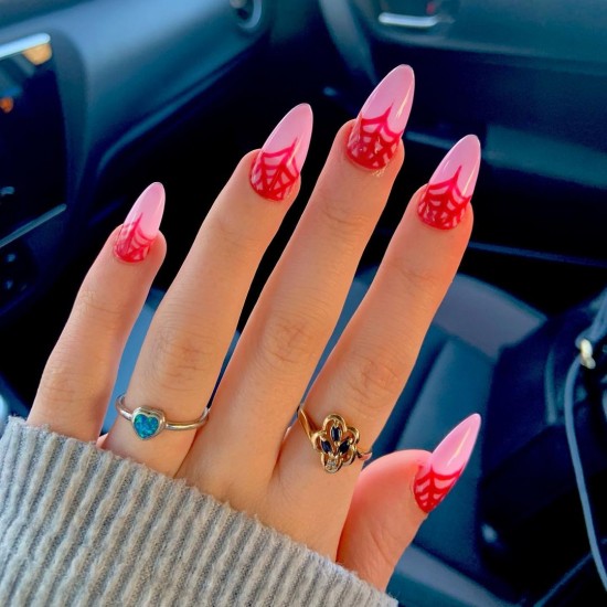 22 Cute Halloween Nail Art Ideas 2021 : Pink Cob Web Halloween Nails