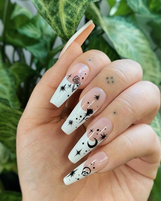 22 Cute Halloween Nail Art Ideas 2021 : White French Tip Spooky Halloween Nails