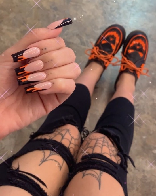 22 Cute Halloween Nail Art Ideas 2021 : Orange Drip French Tip Halloween Nails