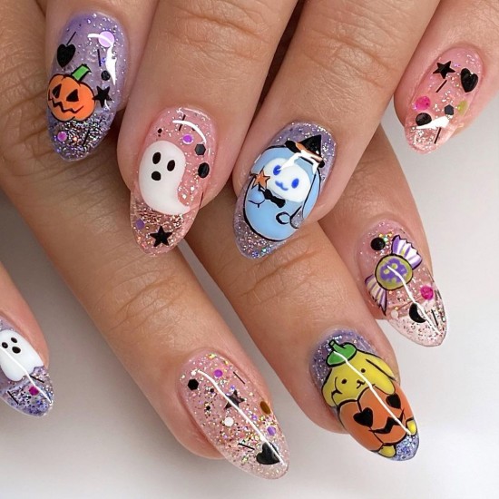 22 Cute Halloween Nail Art Ideas 2021 : Mix and Match Shimmery Halloween Nails