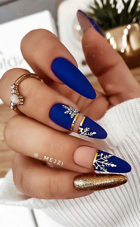 Nude and Royal Blue Festive Nails — Christmas Nails Designs