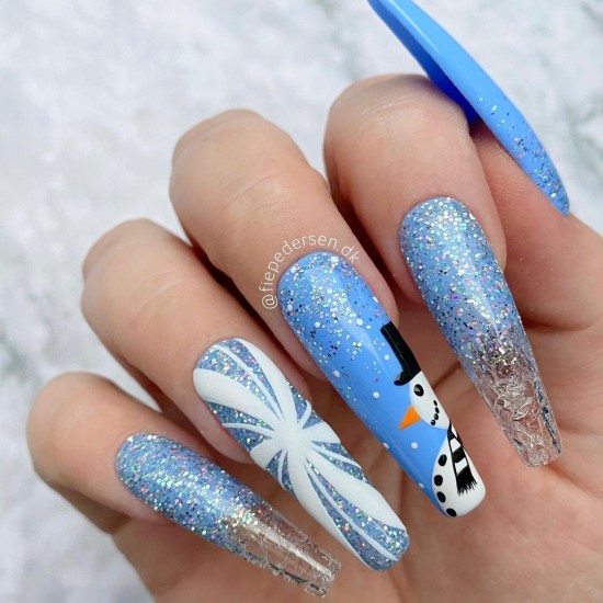 Snowman and Glittery Blue Festive Nails — Christmas Nails Designs