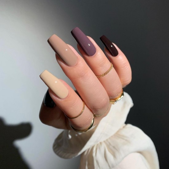 nude and berry tone nails, fall nail colors, fall nails 2021, mix and match nail color for fall, nude and mauve fall nails, coffin fall nails 2021