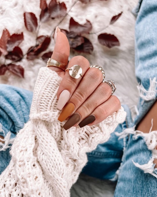 Shades of Brown Fall Coffin Nails —Fall Nail Art Designs of 2021