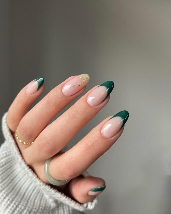 Green French Tips & Neutral with Gold Foil Nail— Cute Fall Nail Art Designs of 2021