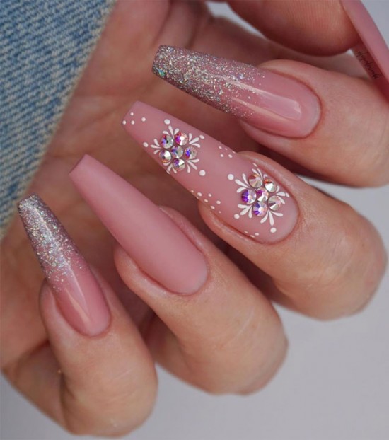 Shimmery and Snowflake Pink Coffin Nails — Christmas Nails Designs