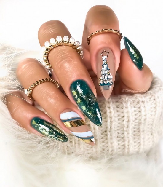 Christmas Tree Painted on Nude Nails — Christmas Nail Designs